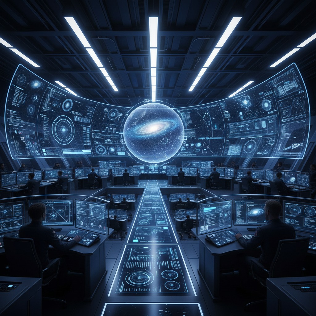 Una sala de control futurista y oscura con pantallas curvas gigantes que muestran datos astronómicos y una proyección holográfica de una galaxia en el centro.
