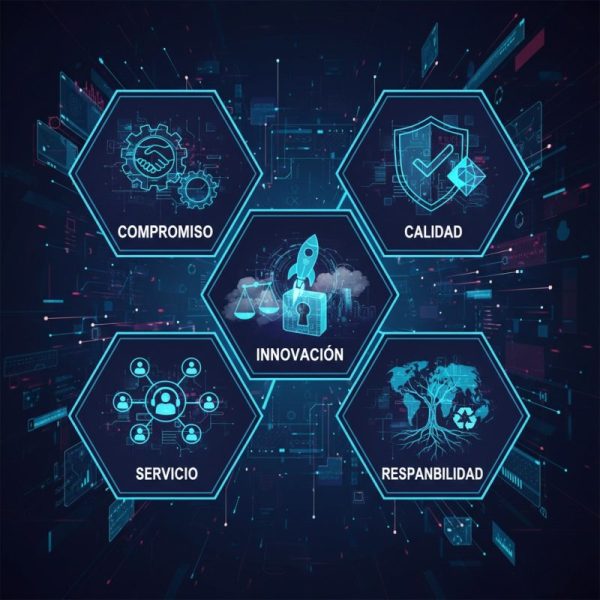 Un gráfico digital en tonos azules muestra cinco hexágonos interconectados con iconos y etiquetas sobre los valores corporativos: Compromiso, Calidad, Servicio, Innovación y Responsabilidad.